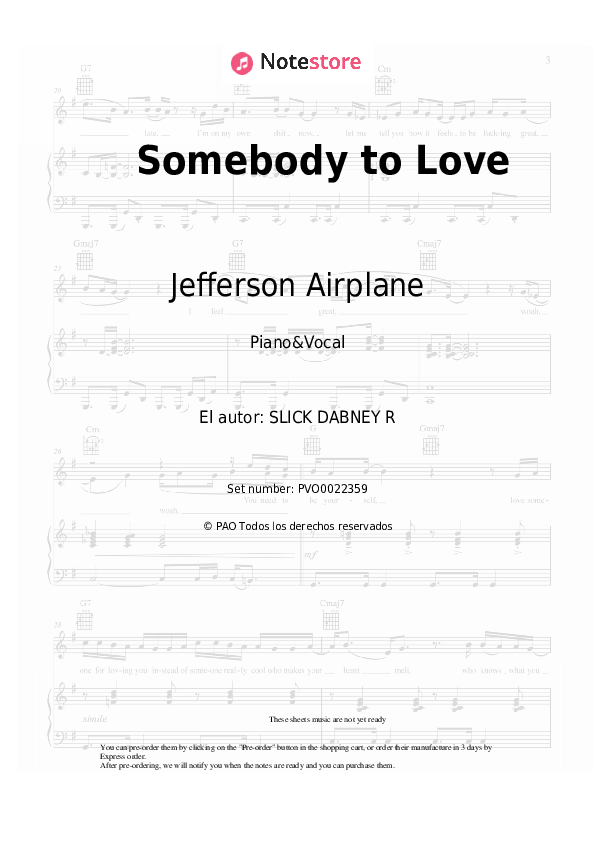 Jefferson Airplane - Somebody to Love notas para el fortepiano