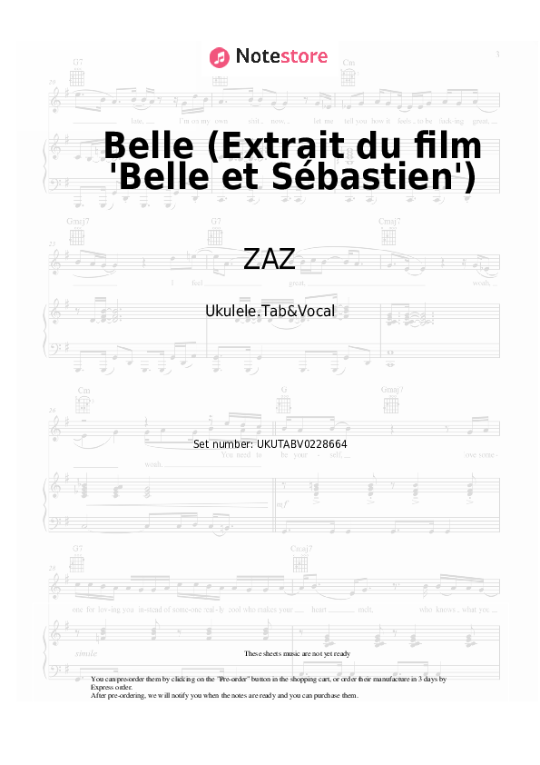 Notas ZAZ, Armand Amar - Belle (Extrait du film 'Belle et Sébastien') - Ukelele.Tablatura&Vocal