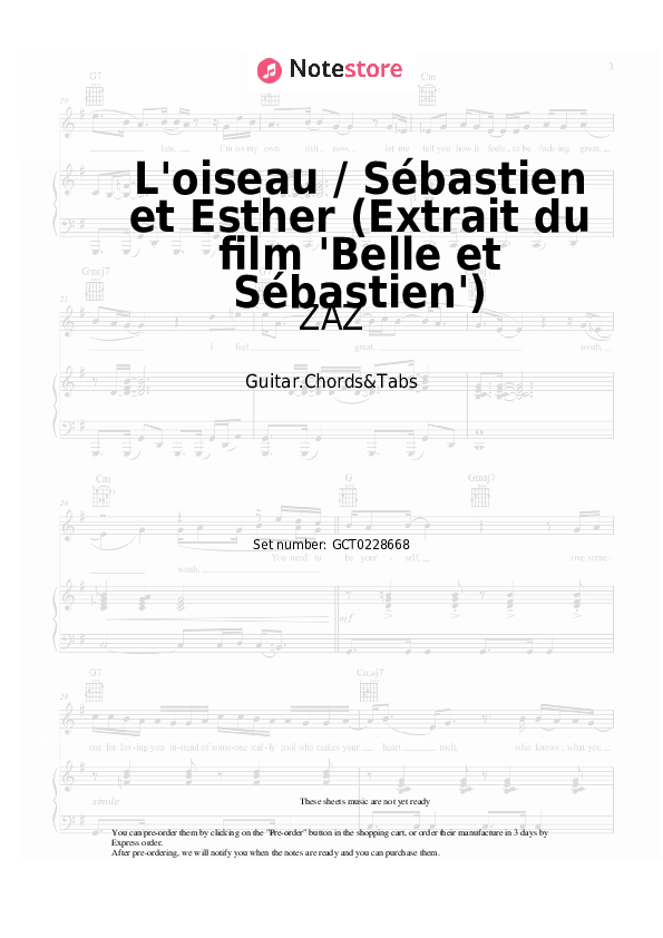 Acordes ZAZ, Armand Amar, Guillaume Begni - L'oiseau / Sébastien et Esther (Extrait du film 'Belle et Sébastien') - Guitar.Chords&Tabs