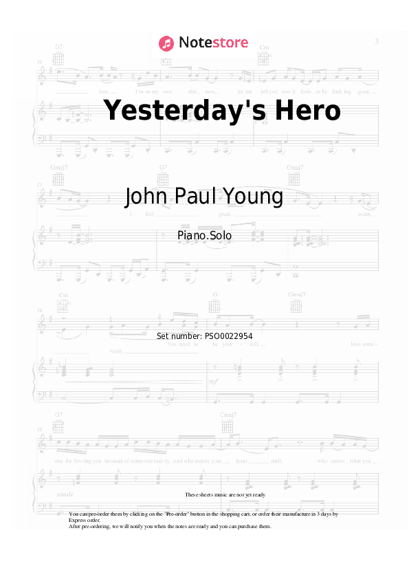 John Paul Young - Yesterday's Hero notas para el fortepiano