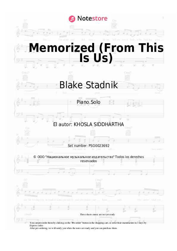 Blake Stadnik - Memorized (From This Is Us) notas para el fortepiano