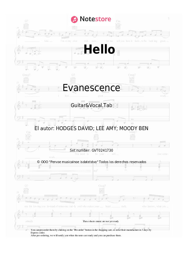 Acordes y voces Evanescence - Hello - Guitarra&Vocal.Tablatura