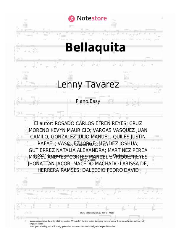 Notas ligeras Dalex, Lenny Tavarez, Justin Quiles, Farruko, Natti Natasha, Anitta - Bellaquita (Remix) - Piano.Easy