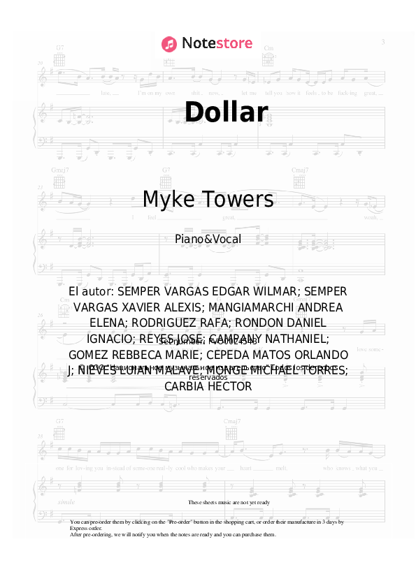 Partituras con voz. Becky G, Myke Towers - Dollar - Piano&Vocal