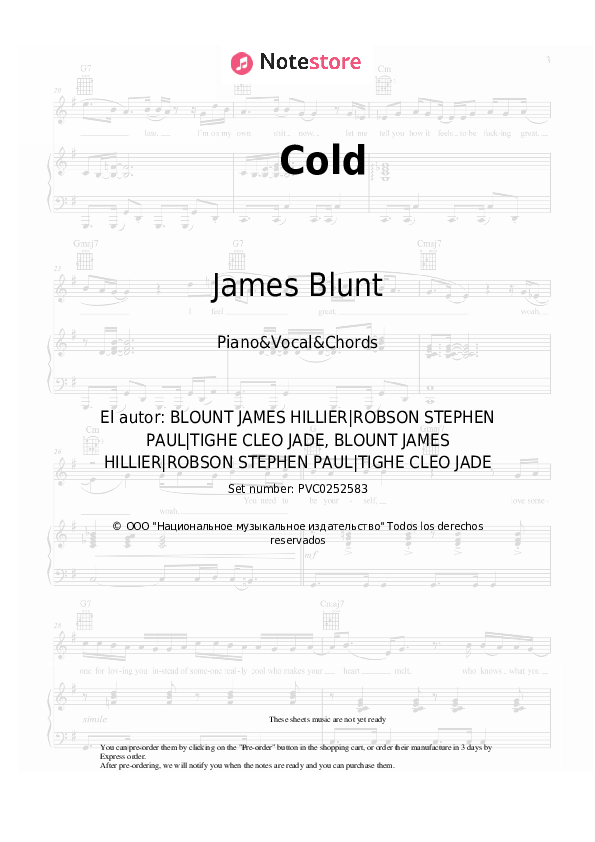Notas y acordes James Blunt - Cold - Piano&Vocal&Chords