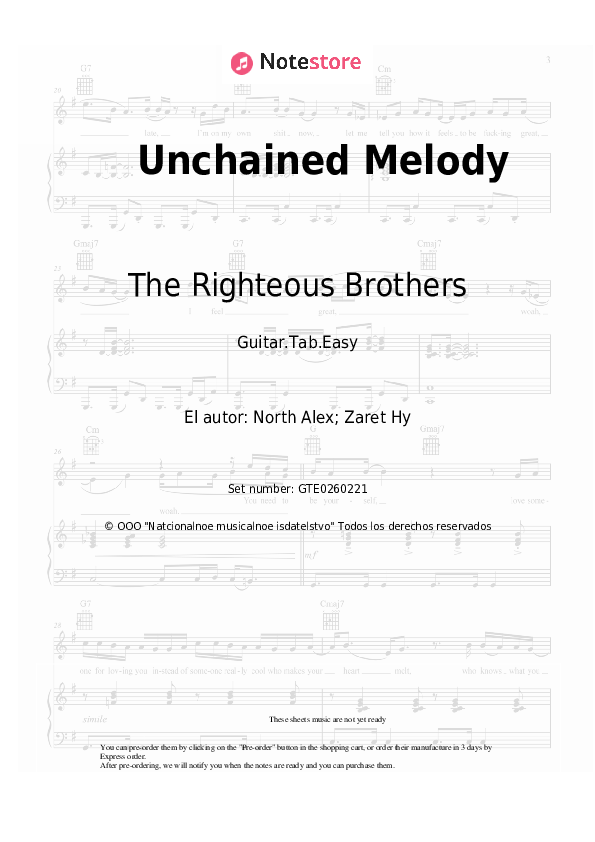 Pestañas fáciles The Righteous Brothers - Unchained Melody - Guitarra.Tablatura.Einfach
