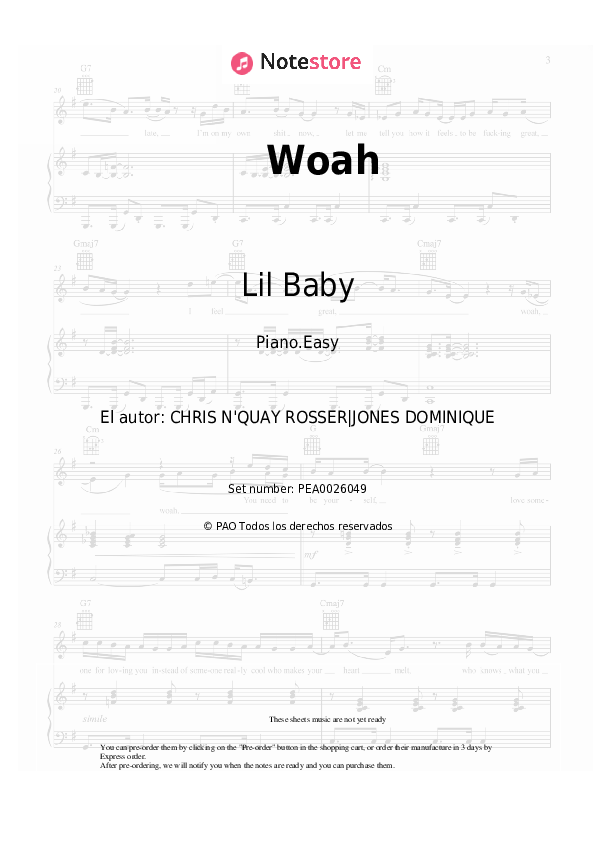Lil Baby - Woah notas para el fortepiano