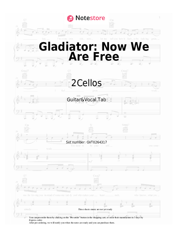 Acordes y voces 2Cellos - Gladiator: Now We Are Free - Guitarra&Vocal.Tablatura