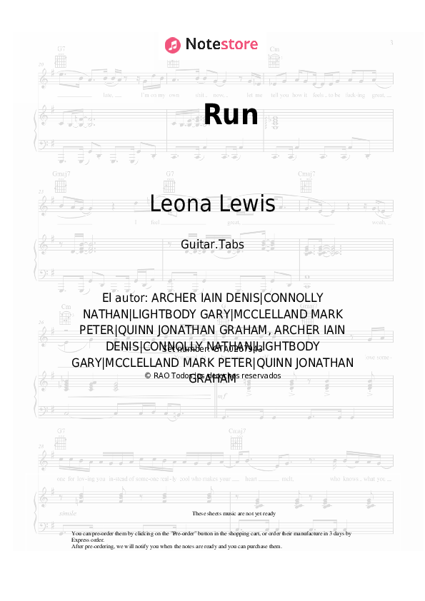 Pestañas Leona Lewis - Run - Guitarra.Tablatura