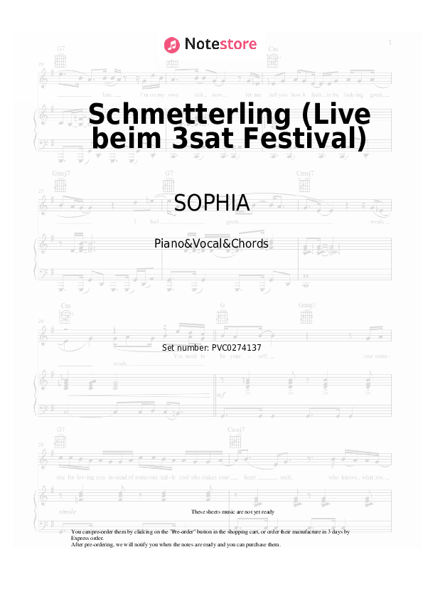 Notas y acordes SOPHIA - Schmetterling (Live beim 3sat Festival) - Piano&Vocal&Chords