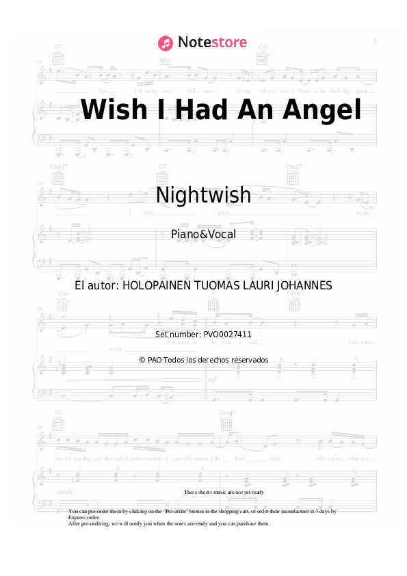 Nightwish - Wish I Had An Angel notas para el fortepiano