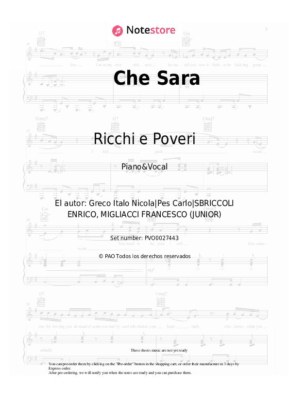 Ricchi e Poveri - Che Sara notas para el fortepiano