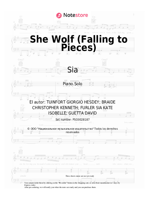 David Guetta, Sia - She Wolf (Falling to Pieces) notas para el fortepiano