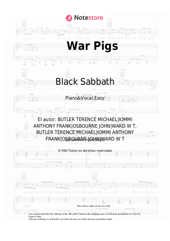 Notas ligeras Black Sabbath - War Pigs - Piano&Vocal.Easy