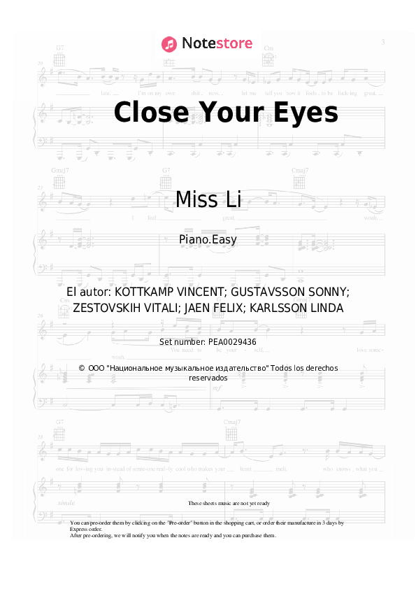 Felix Jaehn, VIZE, Miss Li - Close Your Eyes notas para el fortepiano