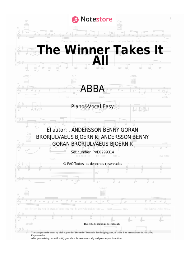 Notas ligeras ABBA - The Winner Takes It All - Piano&Vocal.Easy