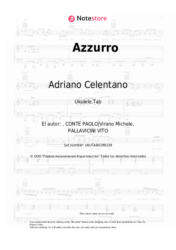 Notas Adriano Celentano - Azzurro - Ukelele.Tablatura