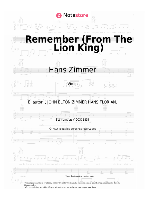 Notas Hans Zimmer, Lebo M. - Remember (From The Lion King) - Violín