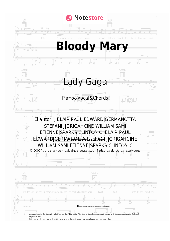 Notas y acordes Lady Gaga - Bloody Mary - Piano&Vocal&Chords