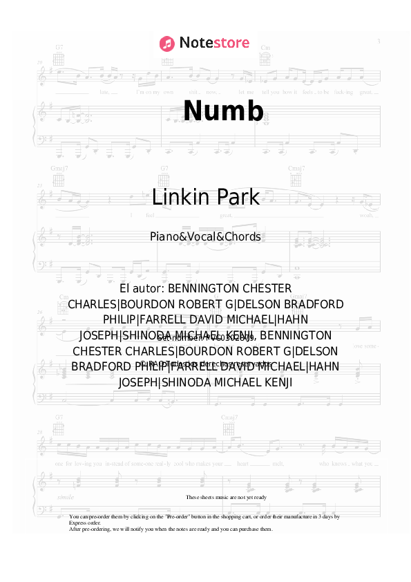 Notas y acordes Linkin Park - Numb - Piano&Vocal&Chords