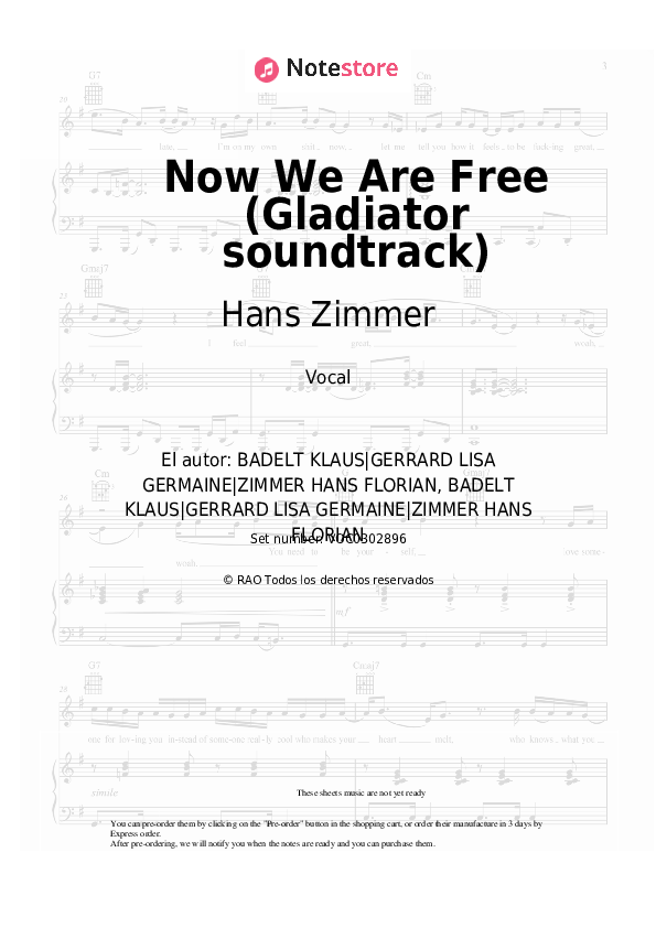 Notas Hans Zimmer, Klaus Badelt, Lisa Gerrard - Now We Are Free (Gladiator soundtrack) - Vocal