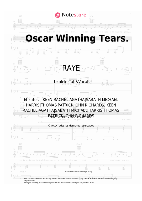 Notas RAYE - Oscar Winning Tears. - Ukelele.Tablatura&Vocal