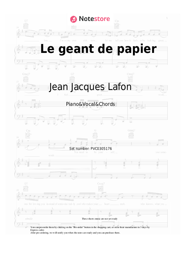 Notas y acordes Jean Jacques Lafon - Le geant de papier - Piano&Vocal&Chords