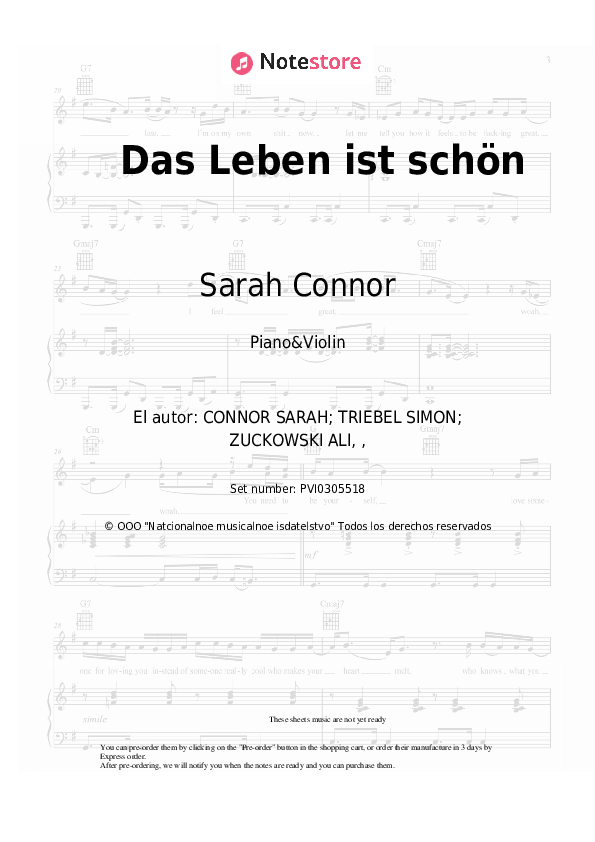 Notas Sarah Connor - Das Leben ist schön - Piano&Violín