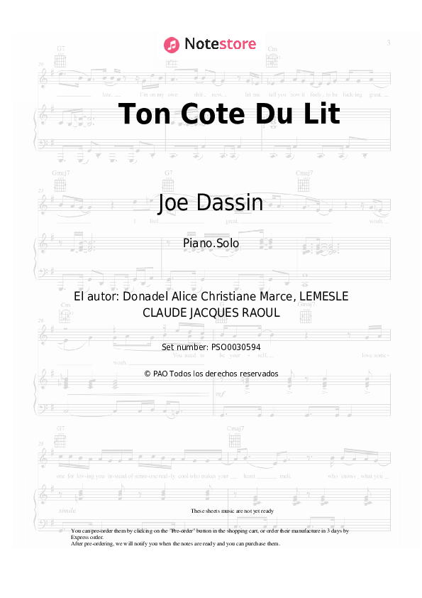 Joe Dassin - Ton Cote Du Lit notas para el fortepiano