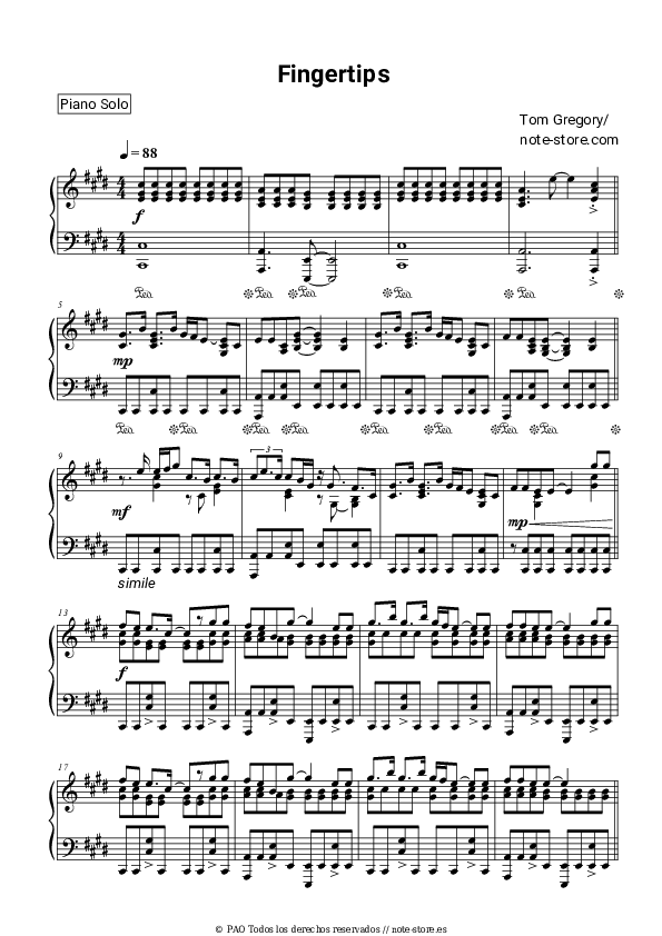 Notas Tom Gregory - Fingertips - Piano.Solo