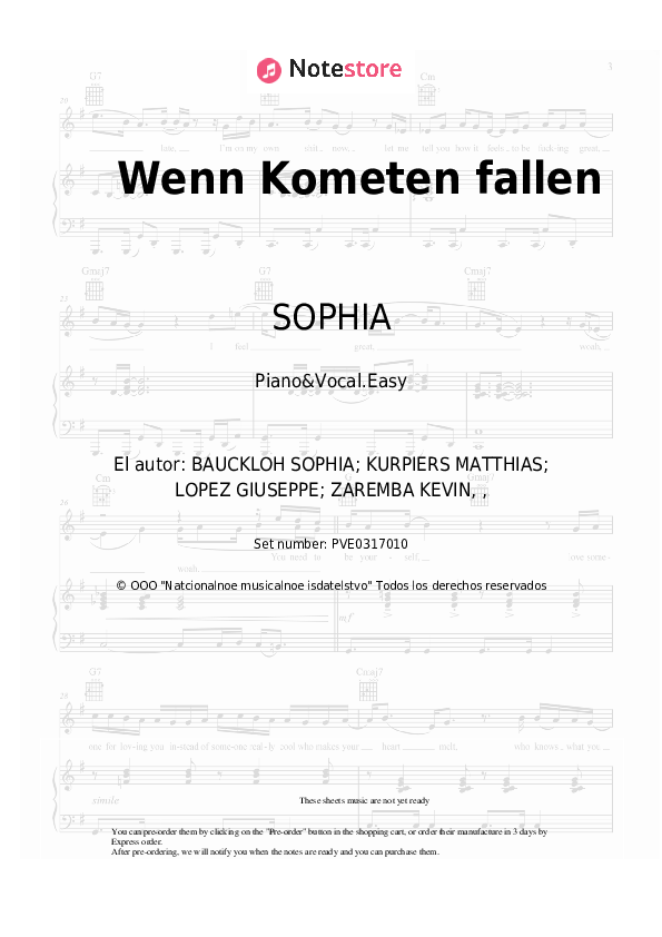 Notas ligeras SOPHIA - Wenn Kometen fallen - Piano&Vocal.Easy