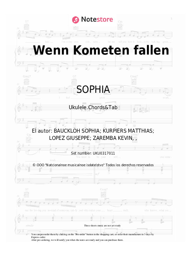 Notas SOPHIA - Wenn Kometen fallen - Ukelele.Acordes&Tablatura