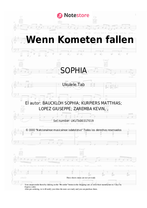 Notas SOPHIA - Wenn Kometen fallen - Ukelele.Tablatura