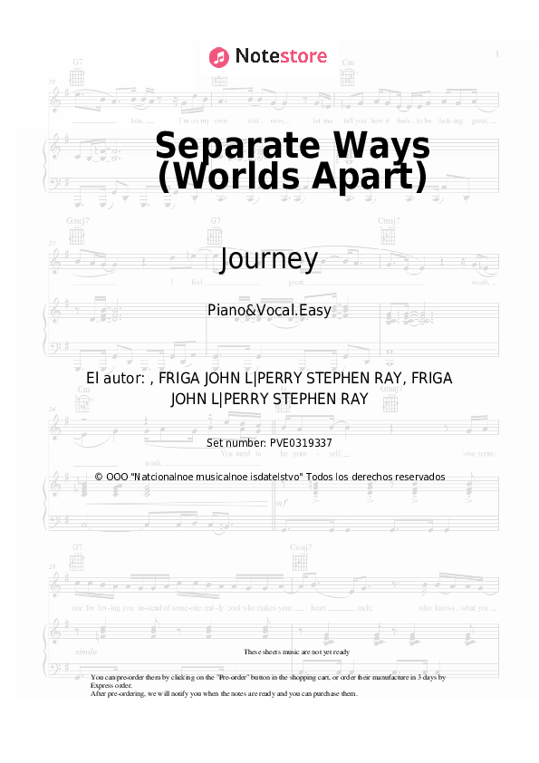 Notas ligeras Journey - Separate Ways (Worlds Apart) - Piano&Vocal.Easy