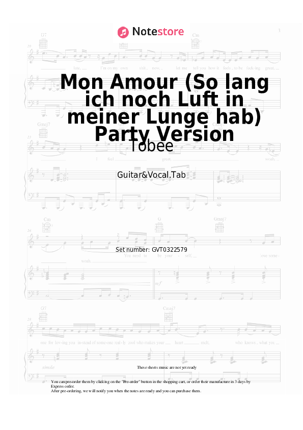 Acordes y voces Tobee - Mon Amour (So lang ich noch Luft in meiner Lunge hab) Party Version - Guitarra&Vocal.Tablatura