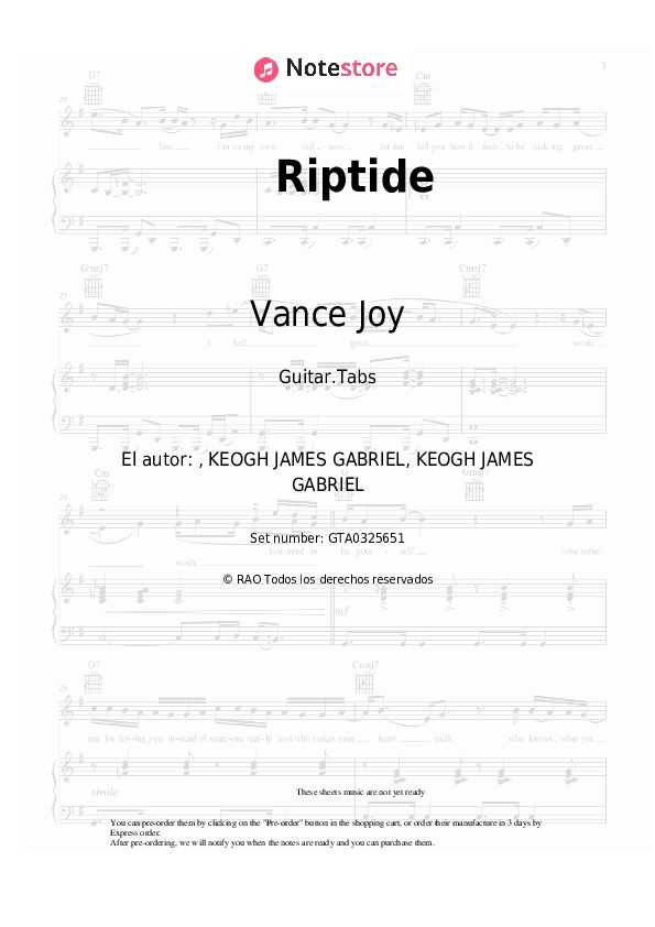 Pestañas Vance Joy - Riptide - Guitarra.Tablatura