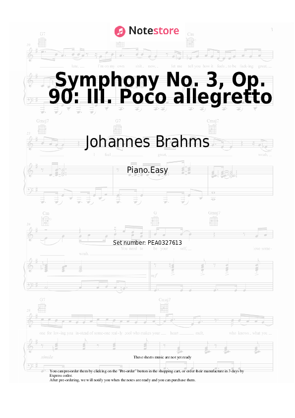 Notas ligeras Johannes Brahms - Symphony No. 3, Op. 90: III. Poco allegretto - Piano.Easy