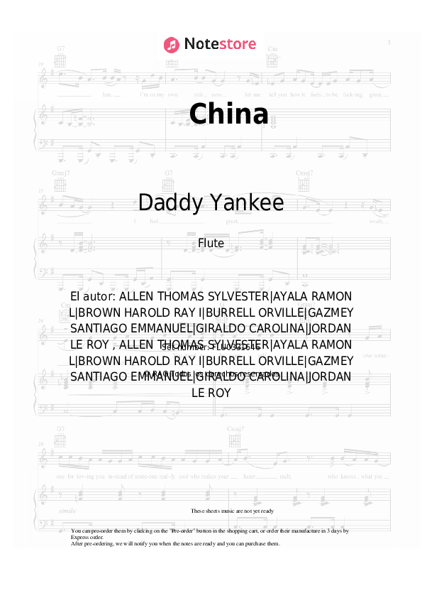 Notas Daddy Yankee, J Balvin, Ozuna, Anuel AA, Karol G - China - Flauta