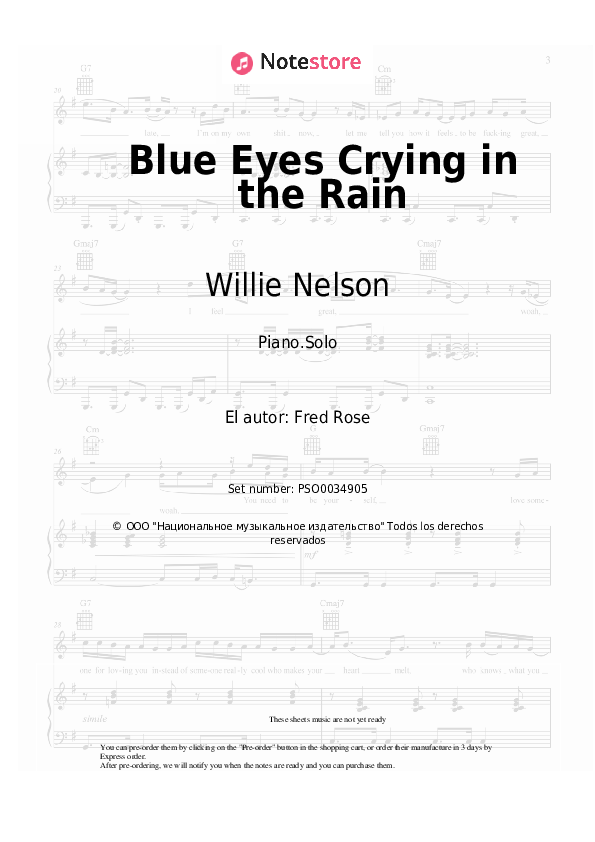 Willie Nelson - Blue Eyes Crying in the Rain notas para el fortepiano