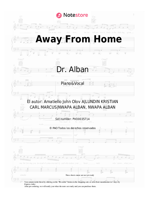 Dr. Alban - Away From Home notas para el fortepiano