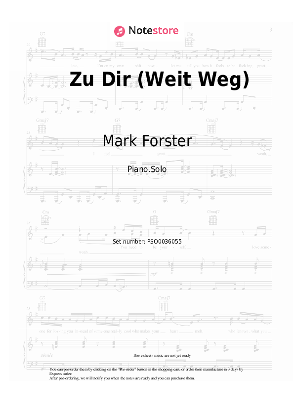 Mark Forster - Zu Dir (Weit Weg) notas para el fortepiano
