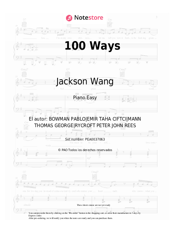 Jackson Wang - 100 Ways notas para el fortepiano