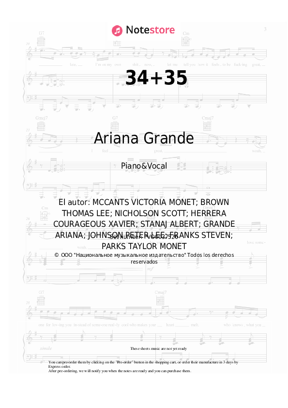 Partituras con voz. Ariana Grande - 34+35 - Piano&Vocal