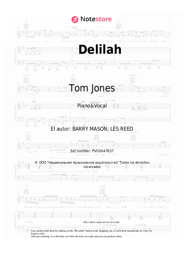 Tom Jones - Delilah notas para el fortepiano