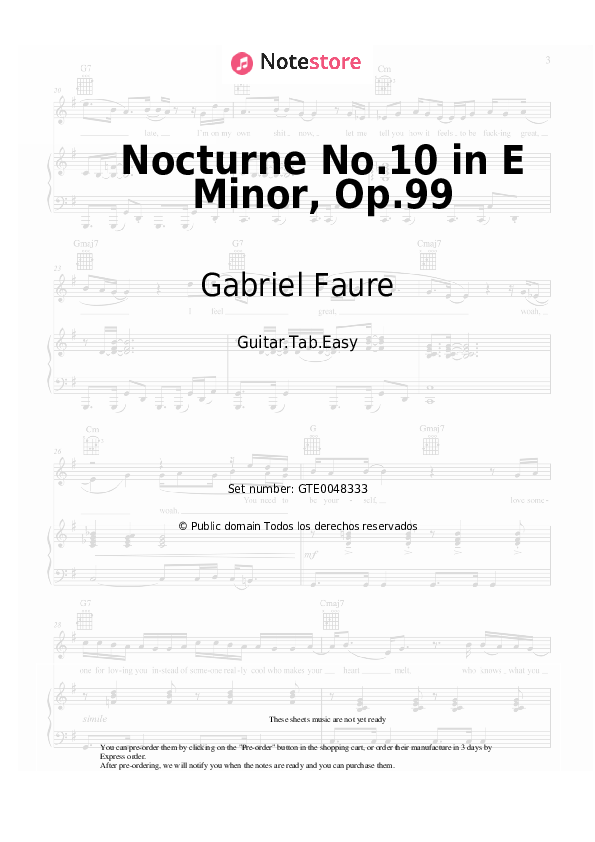 Pestañas fáciles Gabriel Faure - Nocturne No.10 in E Minor, Op.99 - Guitarra.Tablatura.Einfach