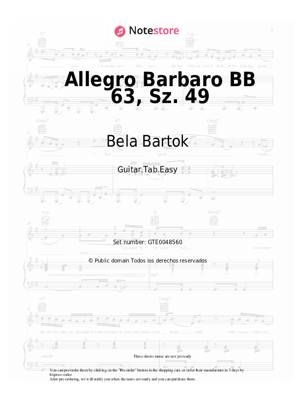 Bela Bartok - Allegro Barbaro BB 63, Sz. 49 notas para el fortepiano
