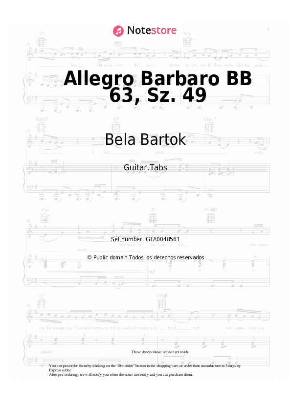 Pestañas Bela Bartok - Allegro Barbaro BB 63, Sz. 49 - Guitarra.Tablatura