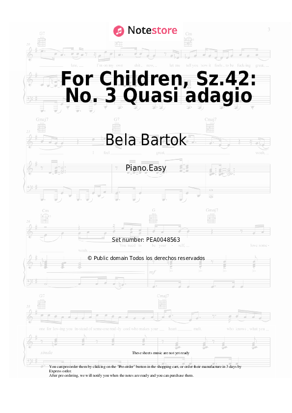 Notas ligeras Bela Bartok - For Children, Sz.42: No. 3 Quasi adagio - Piano.Easy