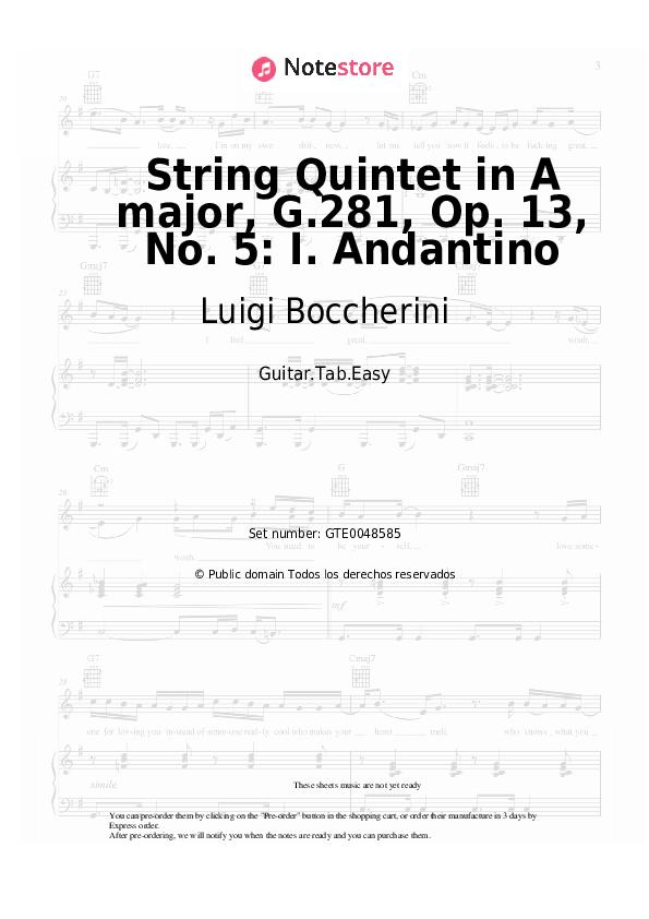 Luigi Boccherini - String Quintet in A major, G.281, Op. 13, No. 5: I. Andantino notas para el fortepiano