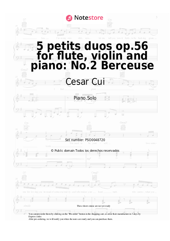 Cesar Cui - 5 petits duos op.56 for flute, violin and piano: No.2 Berceuse notas para el fortepiano